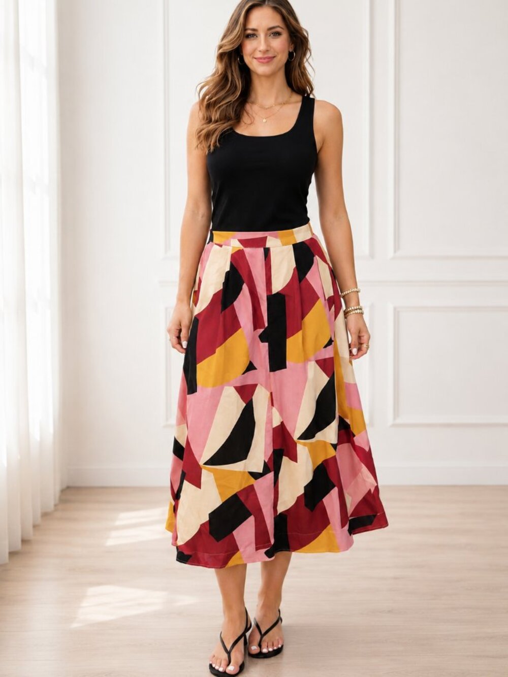 Geometric Print Midi Skirt Women Large High Waist A-Line Flowy